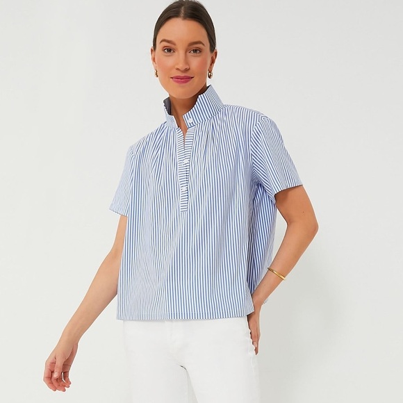 Tuckernuck Tops - Tuckernuck Blue White Stripe Finn Boxy Collared Short Sleeve Top Size XS NWT